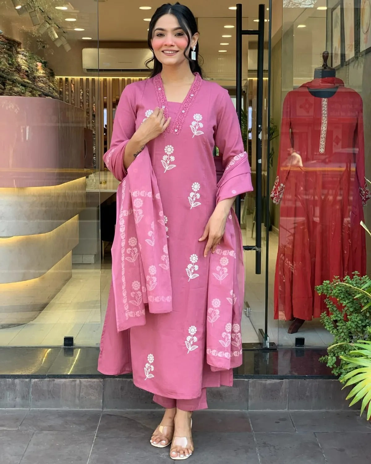 Pure Cotton Fabric Kurti Pant With Malmal Dupatta(Pink)