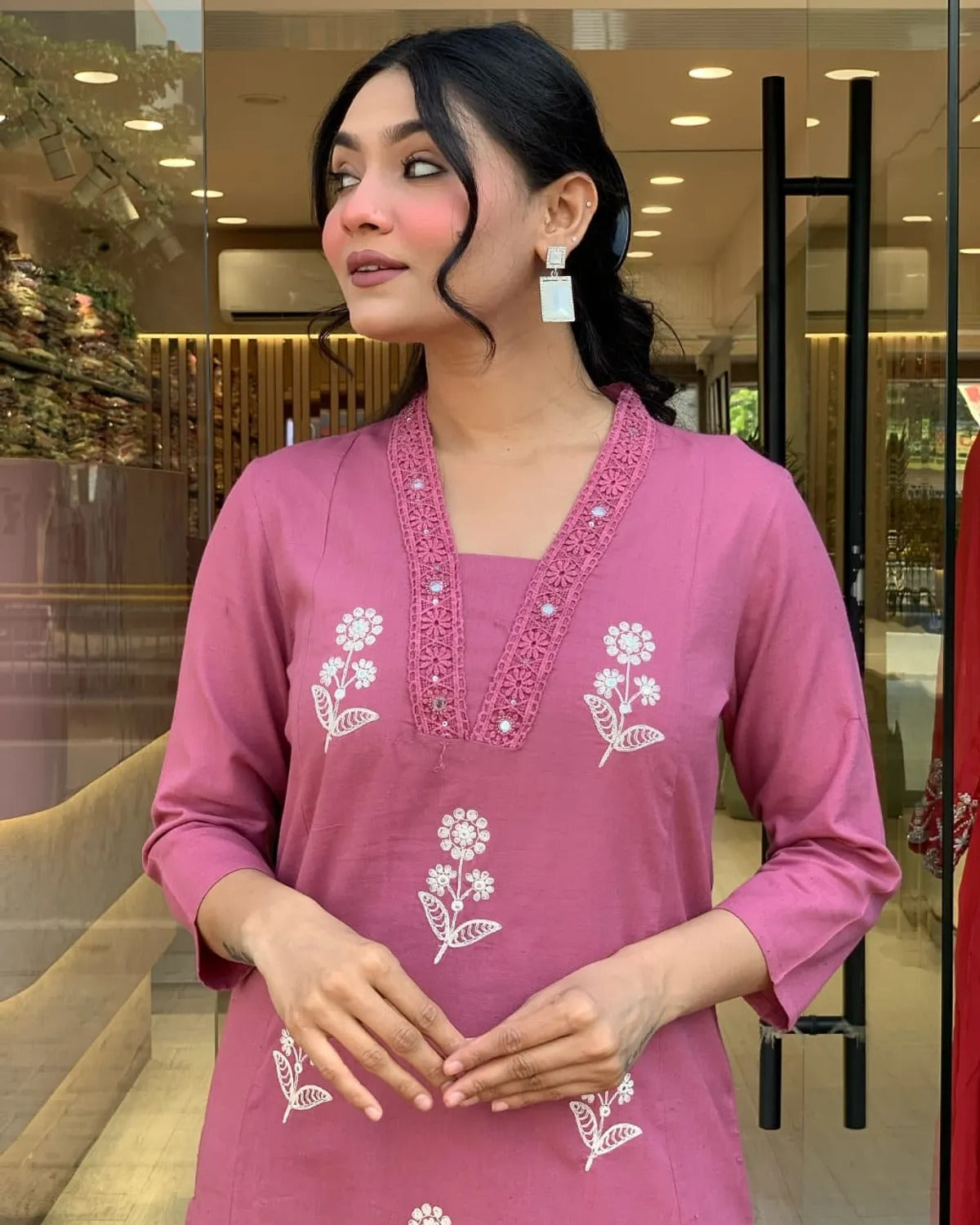Pure Cotton Fabric Kurti Pant With Malmal Dupatta(Pink)