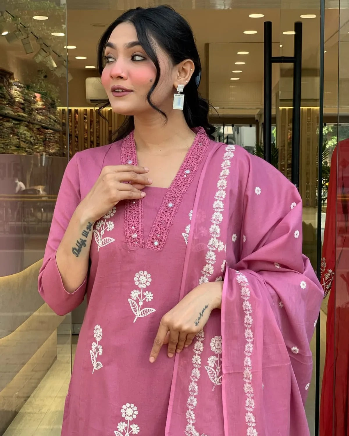 Pure Cotton Fabric Kurti Pant With Malmal Dupatta(Pink)