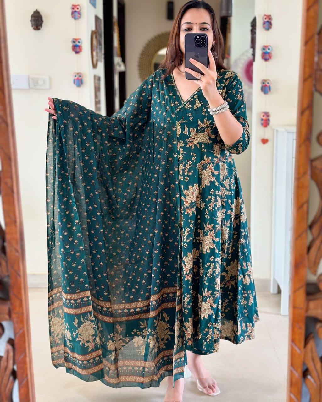 Anarkali Kurta Set With Angrakha Style For Women(Green)