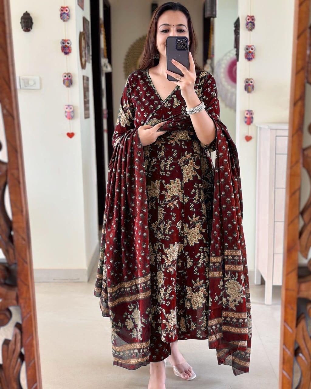 Anarkali Kurta Set With Angrakha Style For Women(MAROON)