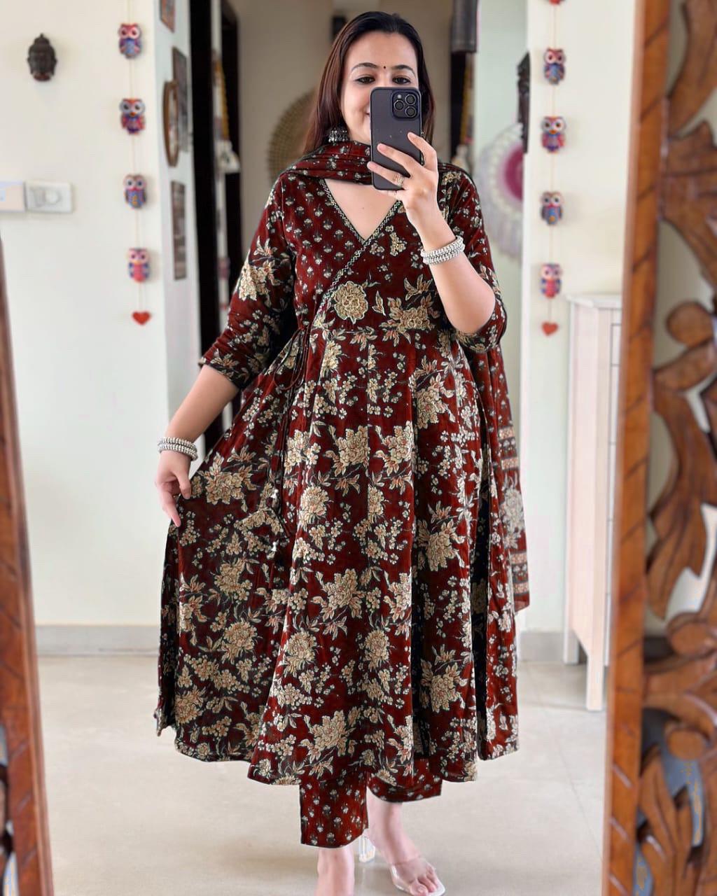 Anarkali Kurta Set With Angrakha Style For Women(MAROON)