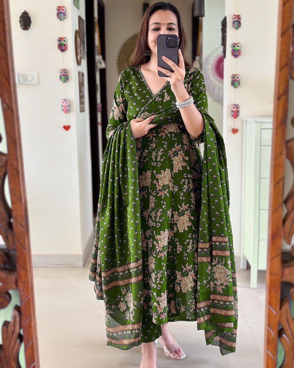 Anarkali Kurta Set With Angrakha Style For Women(DARK GREEN)