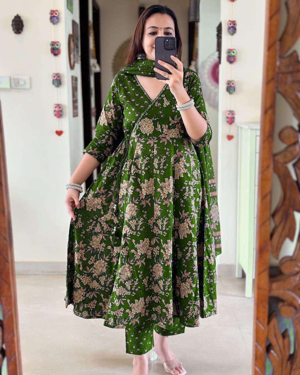 Anarkali Kurta Set With Angrakha Style For Women(DARK GREEN)