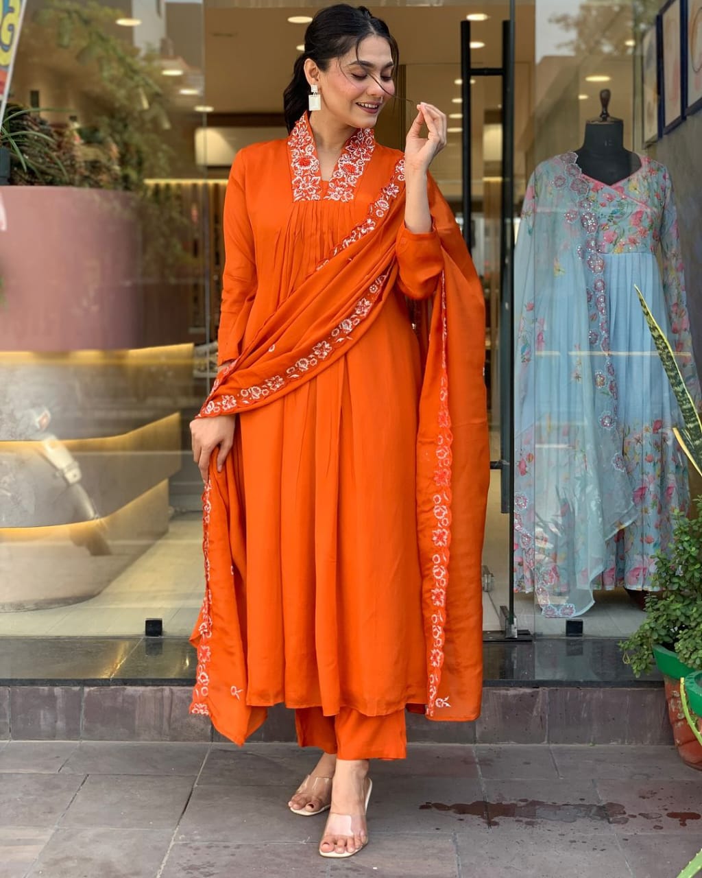 Orange Pure Cotton Kurti Pant With Malmal Dupatta