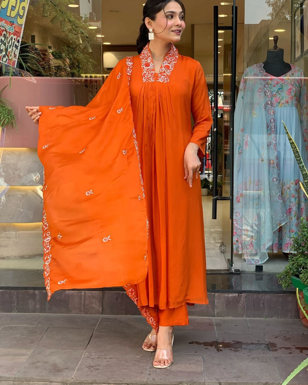 Orange Pure Cotton Kurti Pant With Malmal Dupatta