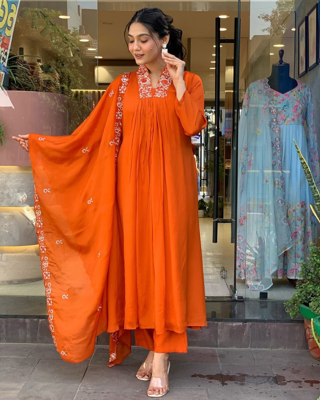 Orange Pure Cotton Kurti Pant With Malmal Dupatta
