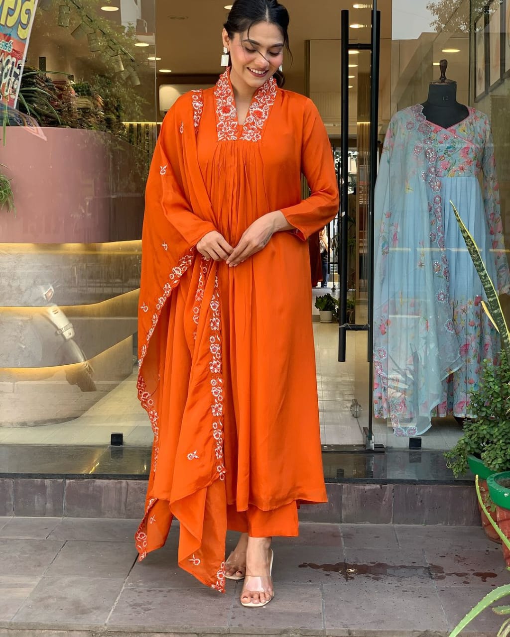 Orange Pure Cotton Kurti Pant With Malmal Dupatta
