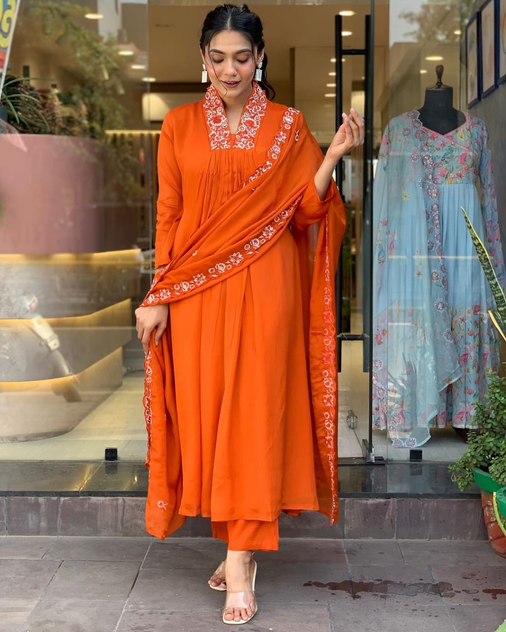Orange Pure Cotton Kurti Pant With Malmal Dupatta