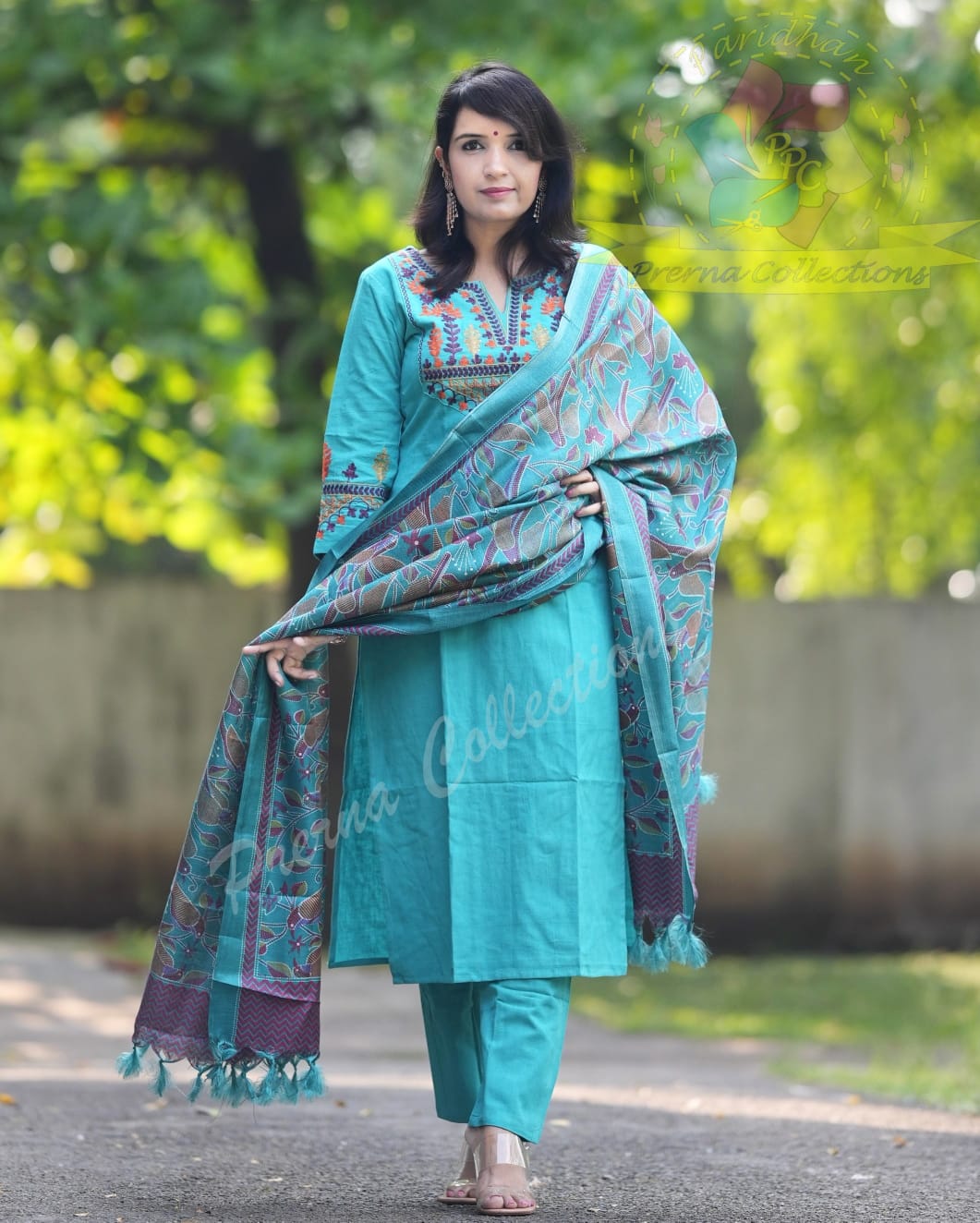 Raama Green Classy Aari Embroidery Work Cotton Kurta and Pant