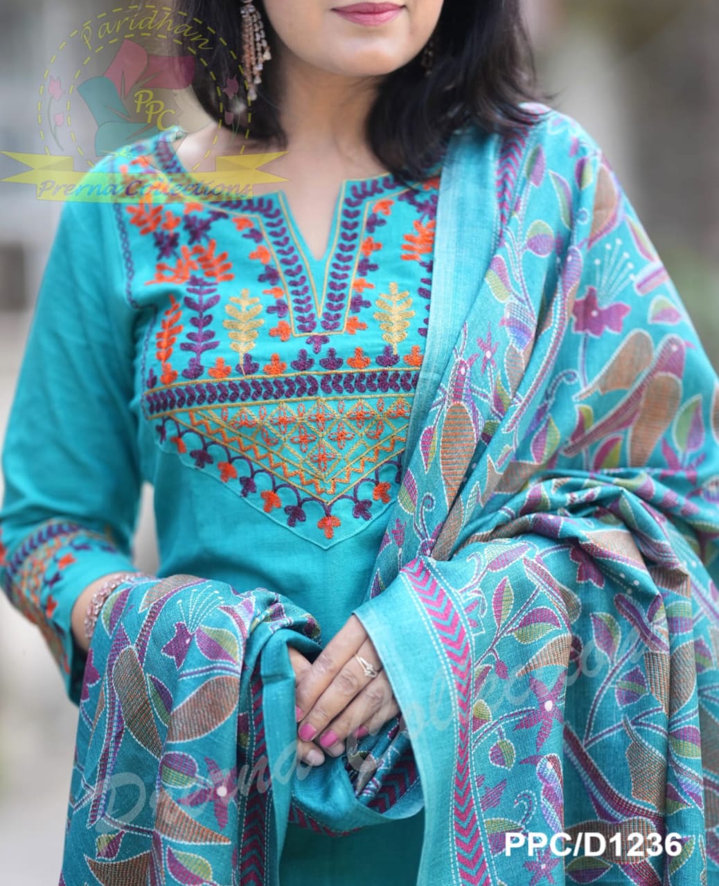 Raama Green Classy Aari Embroidery Work Cotton Kurta and Pant
