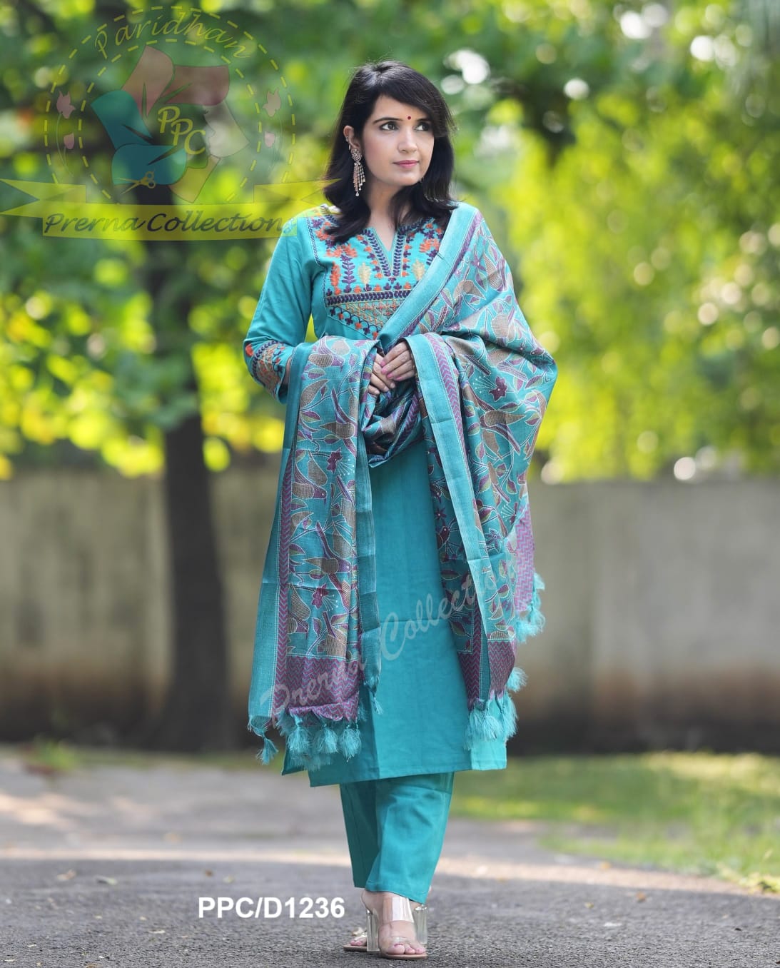 Raama Green Classy Aari Embroidery Work Cotton Kurta and Pant