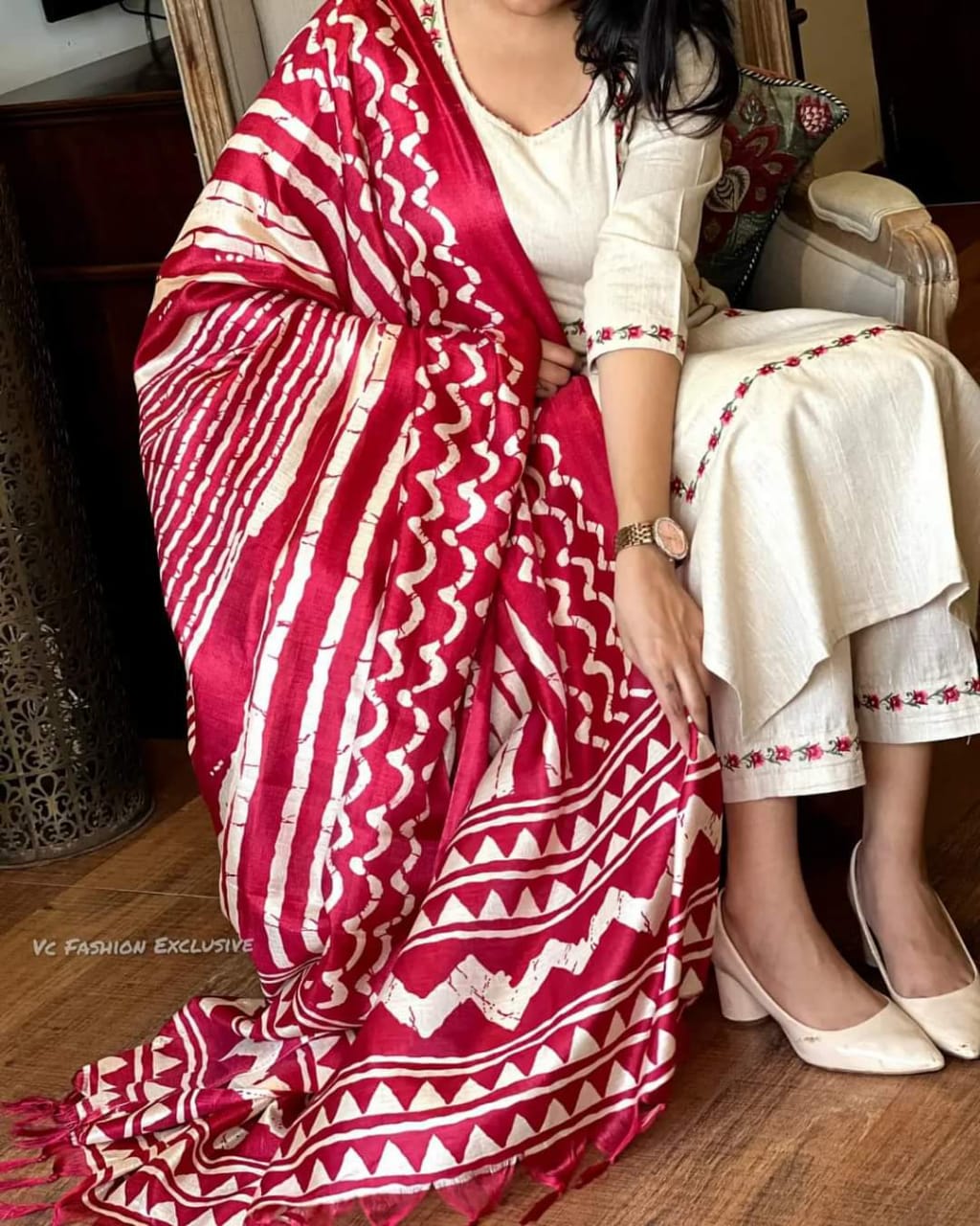 Off-White Khadi Cotton Kurta With Bottom with Khadi Silk Dupatta