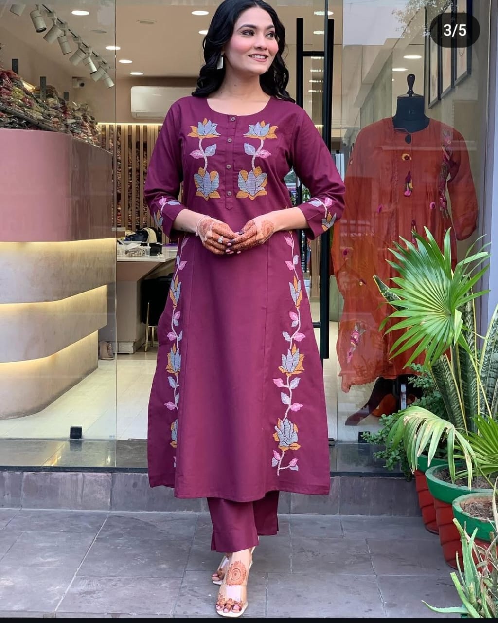 Purple Cotton Flared Women Suit
