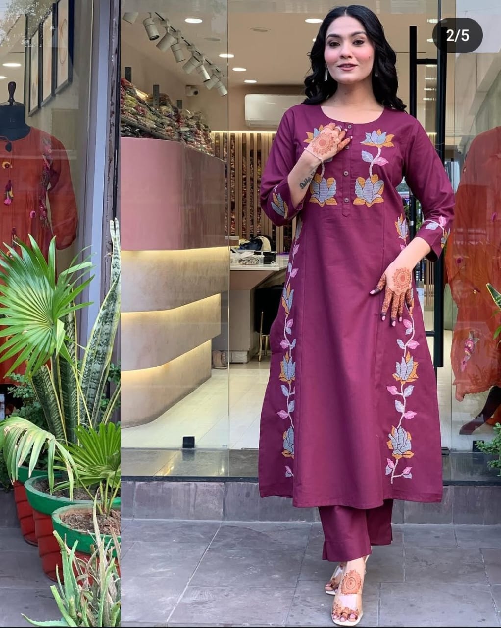 Purple Cotton Flared Women Suit