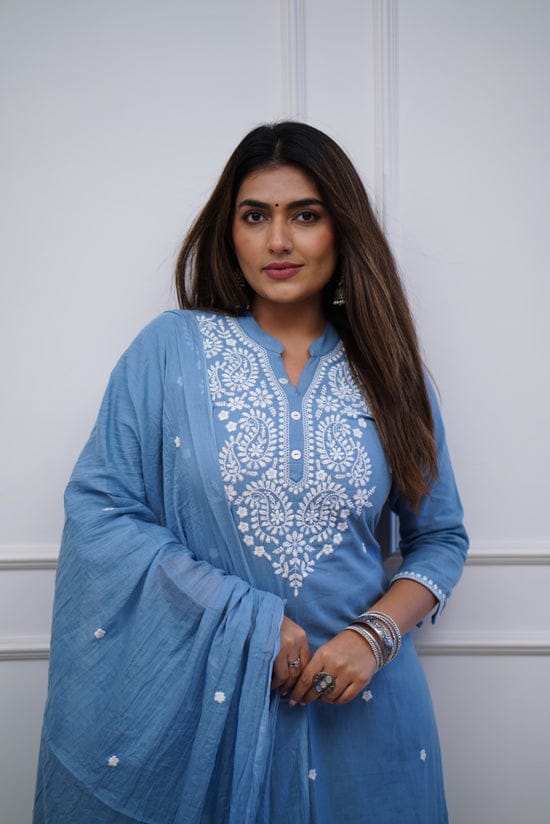 Women Cotton Printed Kurta ,Pant And Dupatta Set (Blue)