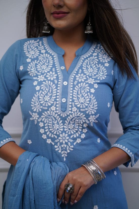 Women Cotton Printed Kurta ,Pant And Dupatta Set (Blue)