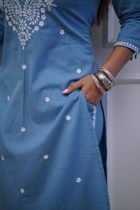 Women Cotton Printed Kurta ,Pant And Dupatta Set (Blue)
