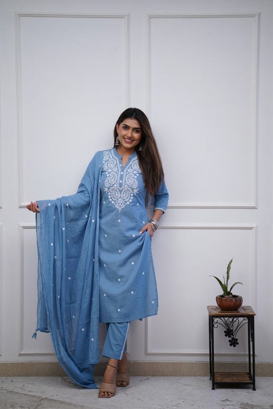 Women Cotton Printed Kurta ,Pant And Dupatta Set (Blue)