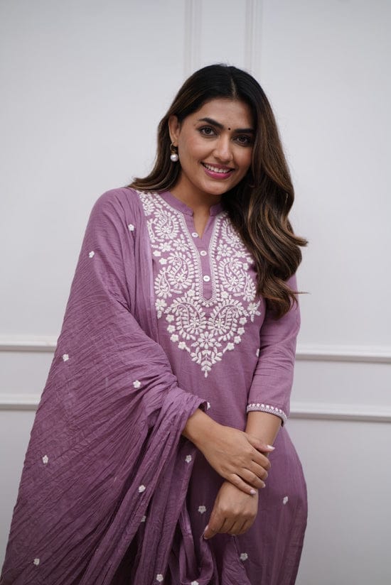 Women Cotton Printed Kurta ,Pant And Dupatta Set (Pink)