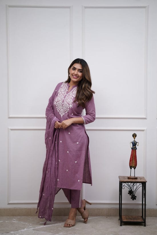 Women Cotton Printed Kurta ,Pant And Dupatta Set (Pink)