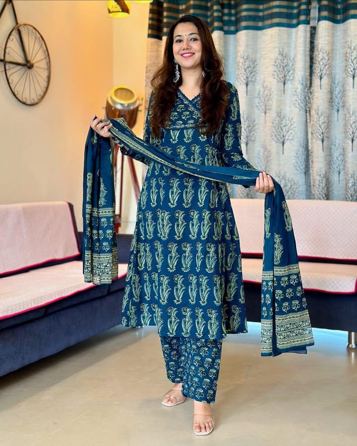 Pure Cotton Kurti With Pant Set For Women (Blue)
