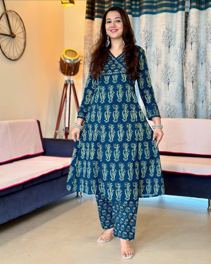 Pure Cotton Kurti With Pant Set For Women (Blue)