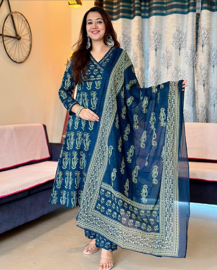Pure Cotton Kurti With Pant Set For Women (Blue)