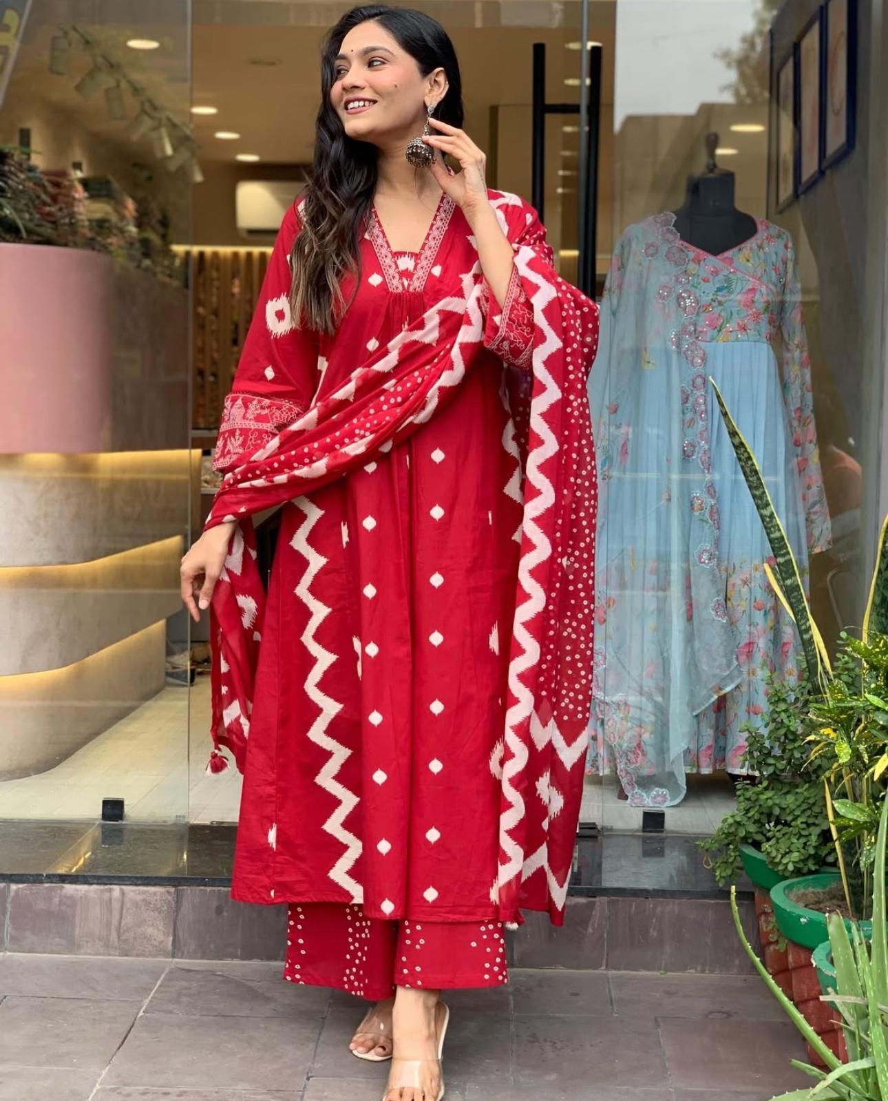Pure Cotton Fabric Kurti Pant With Malmal Dupatta(RED)
