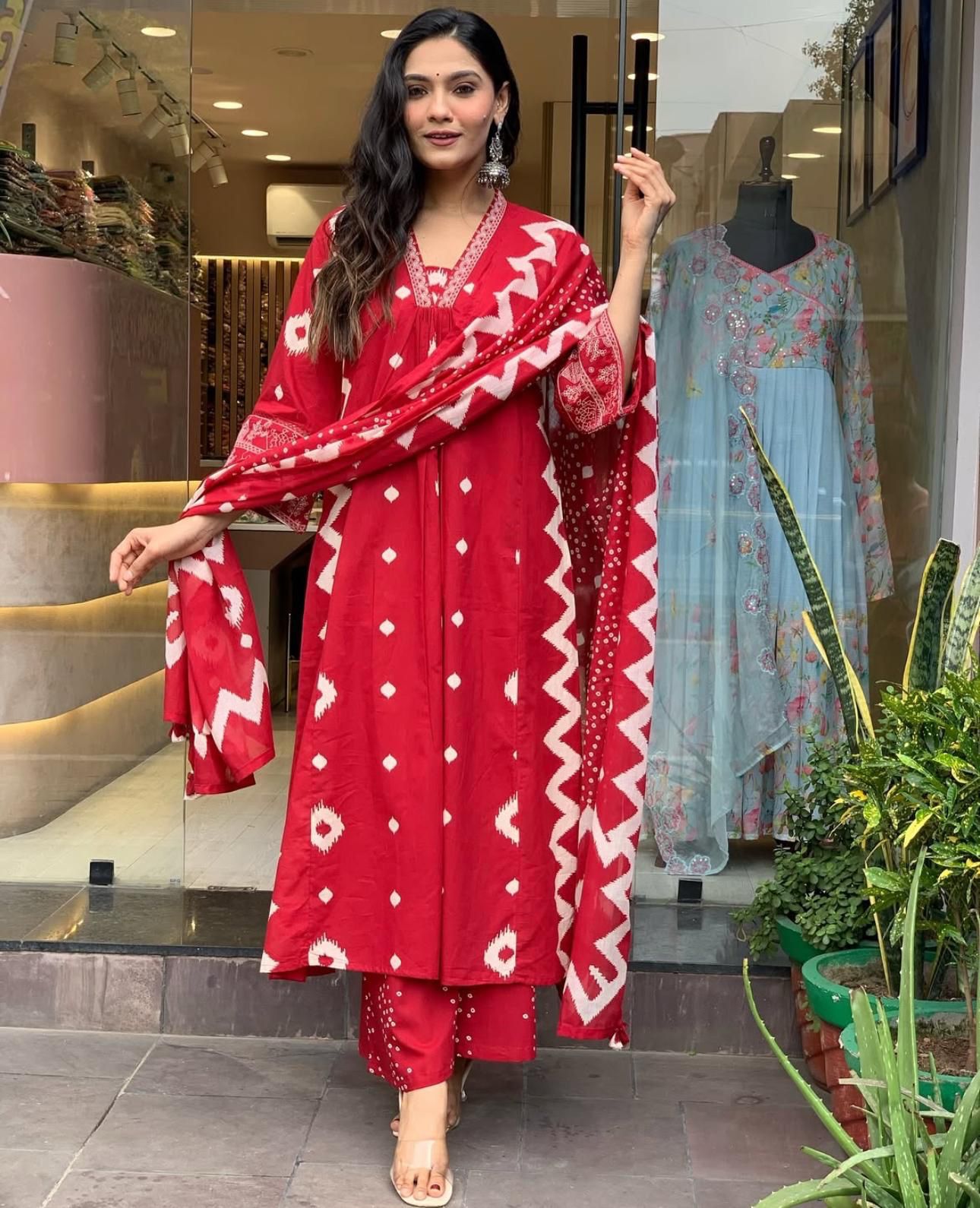 Pure Cotton Fabric Kurti Pant With Malmal Dupatta(RED)