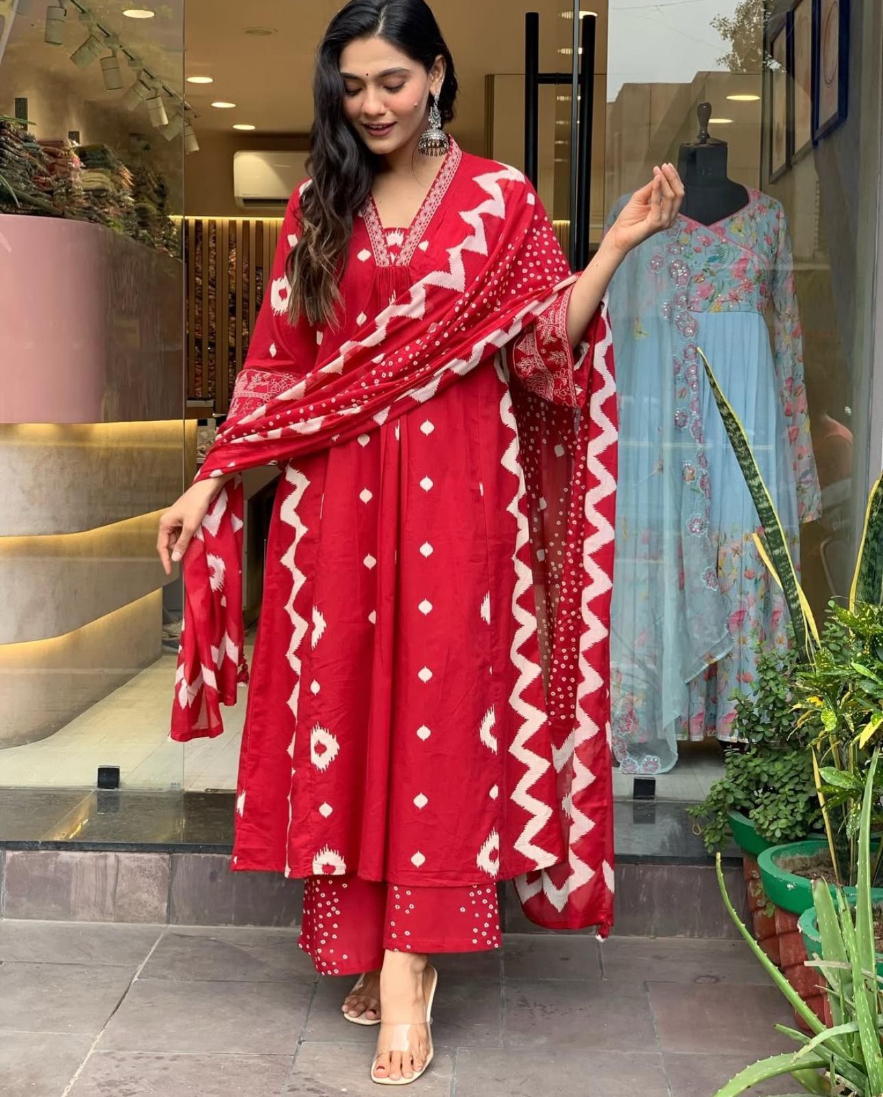 Pure Cotton Fabric Kurti Pant With Malmal Dupatta(RED)
