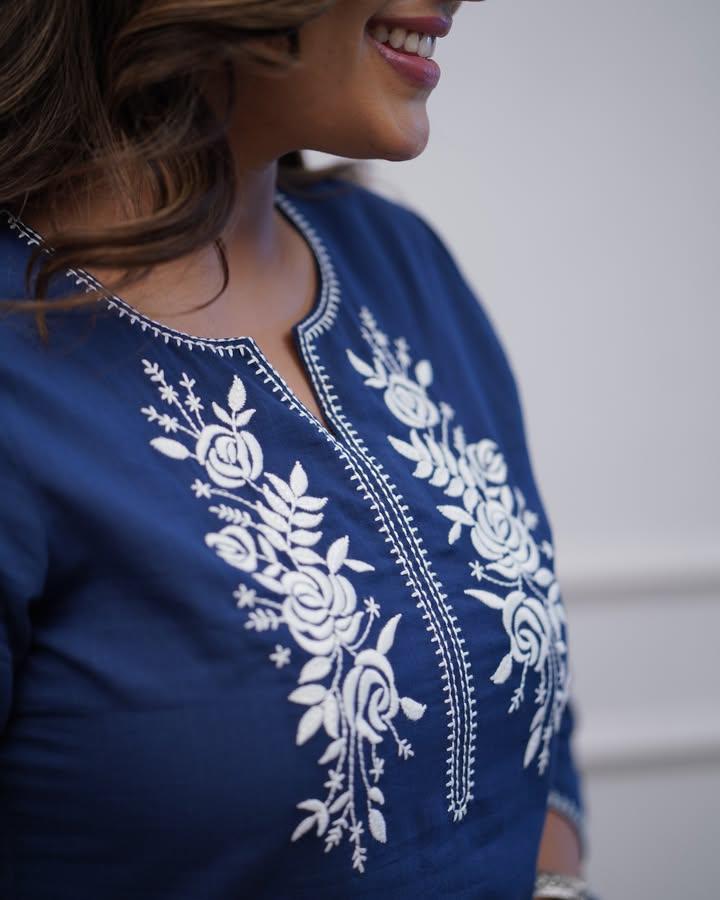 BLUE EMBROIDERED COTTON STRAIGHT KURTA SET