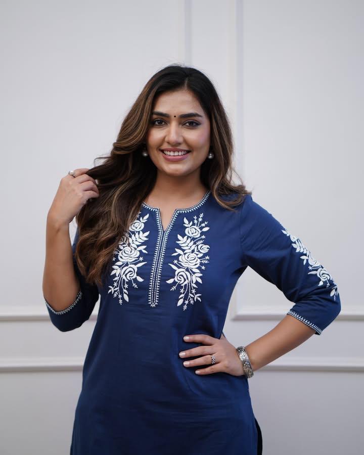 BLUE EMBROIDERED COTTON STRAIGHT KURTA SET