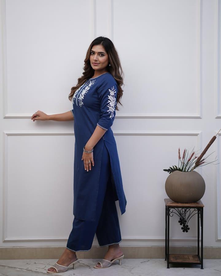 BLUE EMBROIDERED COTTON STRAIGHT KURTA SET