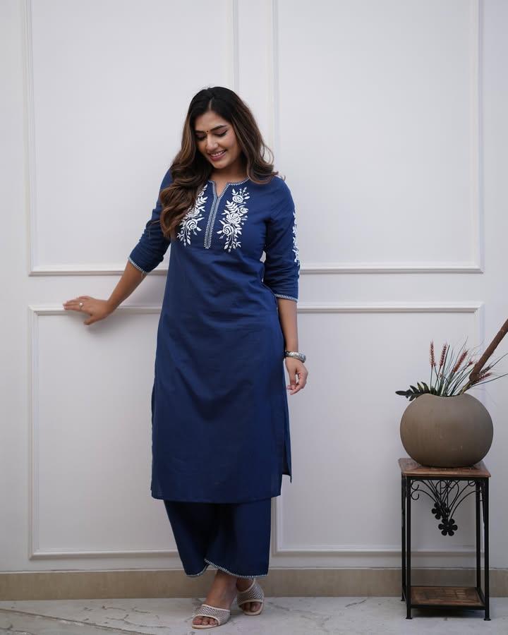 BLUE EMBROIDERED COTTON STRAIGHT KURTA SET