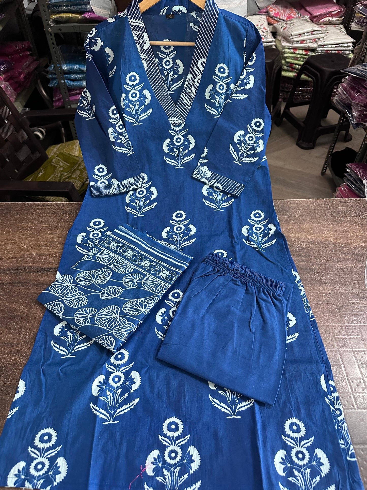 Blue Designer Handblock Print Kurti Pant and Dupatta Set