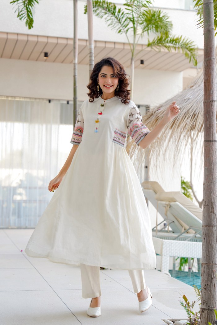 White Embroidered Kurti Pant Set