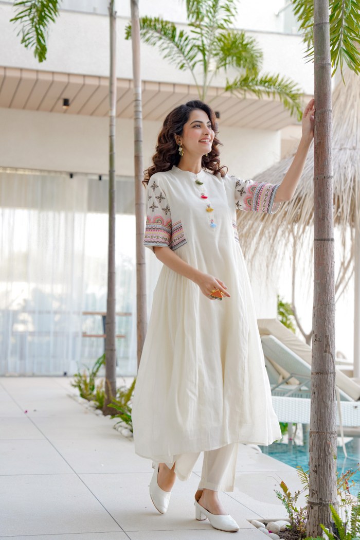 White Embroidered Kurti Pant Set