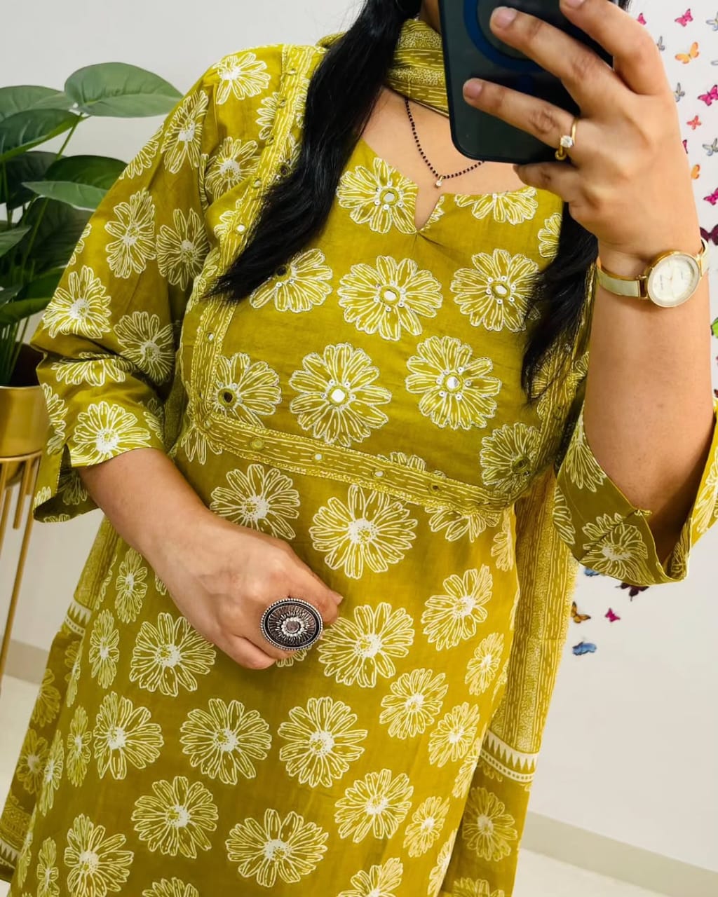Floral Print Pure Cotton Ethnic Dress With Attached Dupatta (YELLOW)