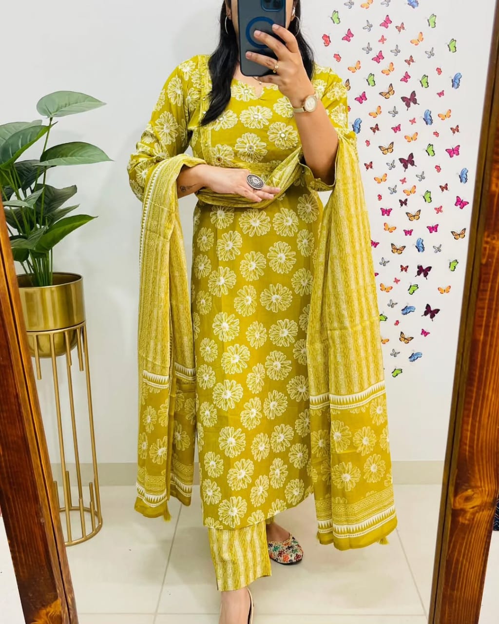 Floral Print Pure Cotton Ethnic Dress With Attached Dupatta (YELLOW)