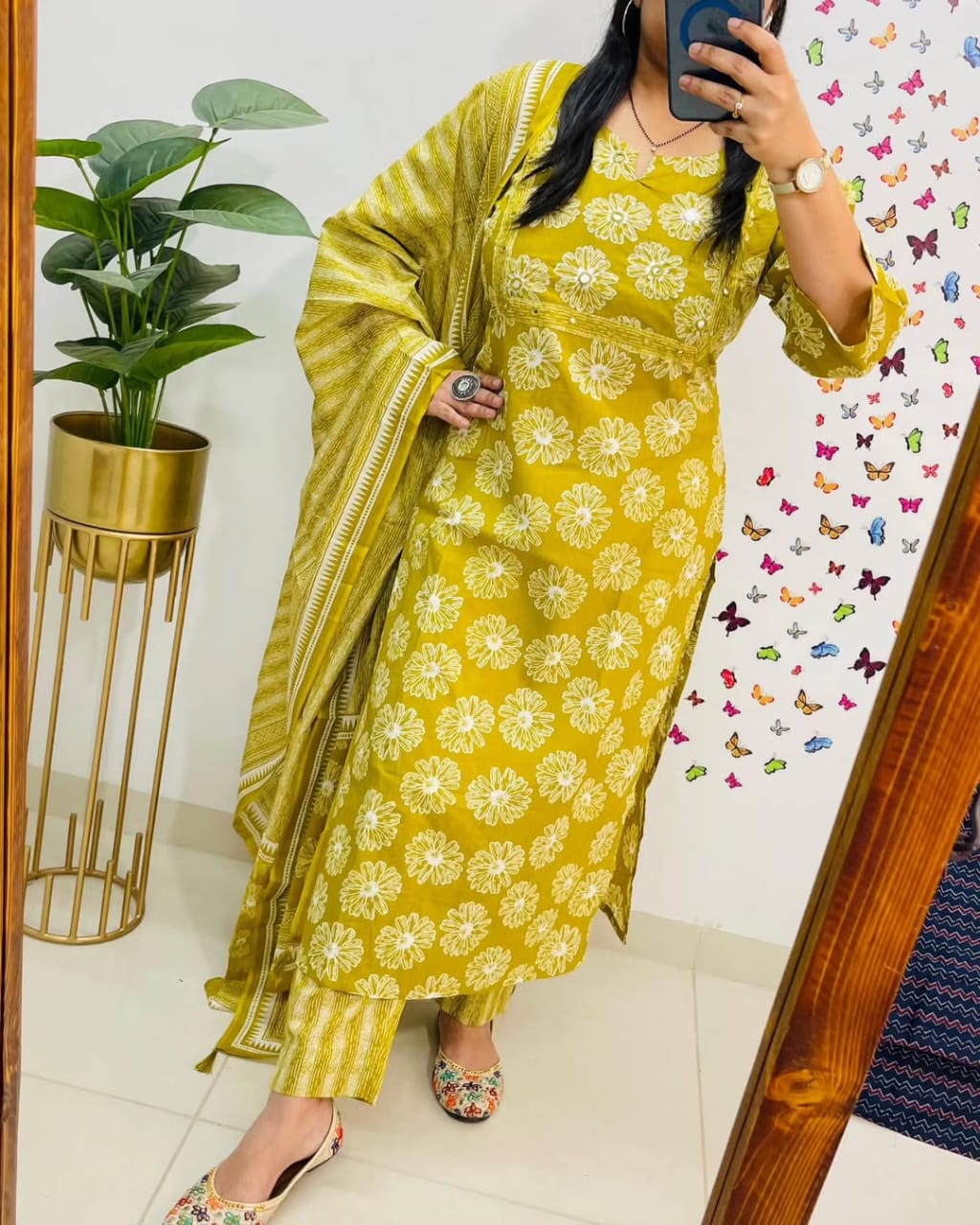 Floral Print Pure Cotton Ethnic Dress With Attached Dupatta (YELLOW)