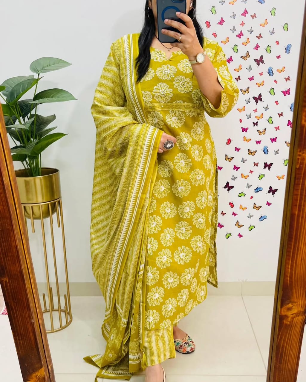 Floral Print Pure Cotton Ethnic Dress With Attached Dupatta (YELLOW)