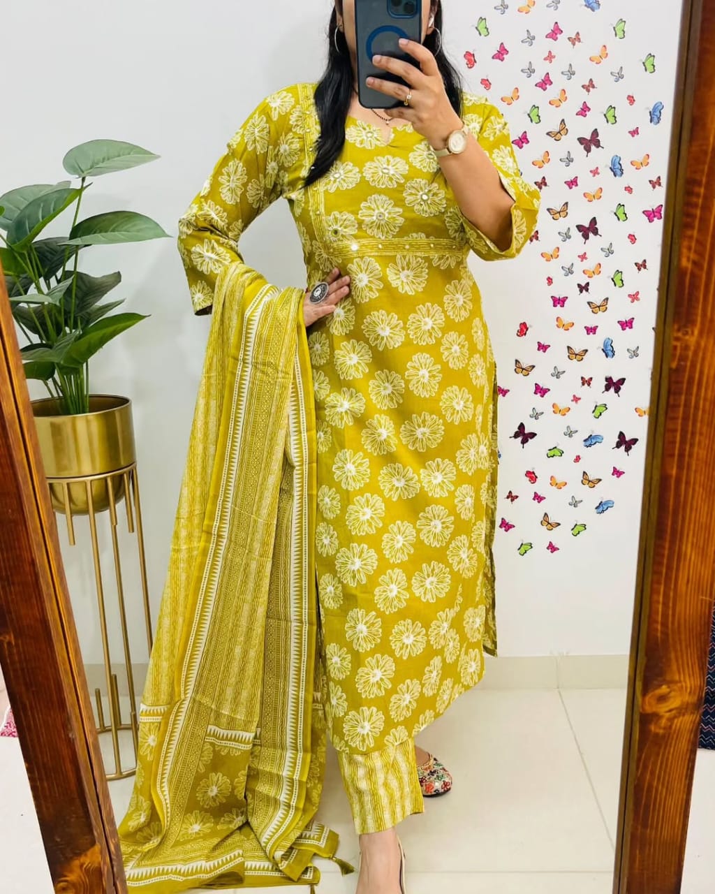 Floral Print Pure Cotton Ethnic Dress With Attached Dupatta (YELLOW)