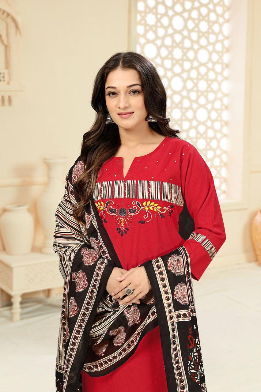 Red Pure Cotton Kurta With Bottom & Dupatta Set
