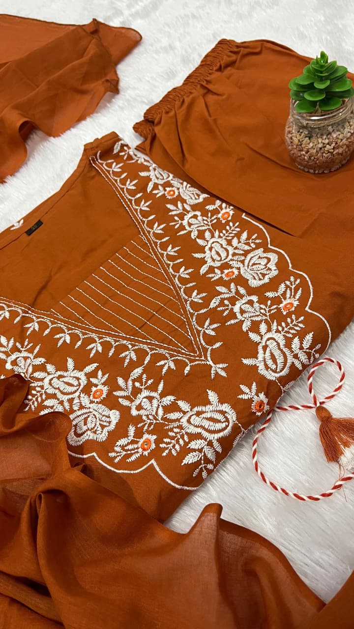 Cotton Embroidery Suit Set with Pant & Dupatta (3 Piece)