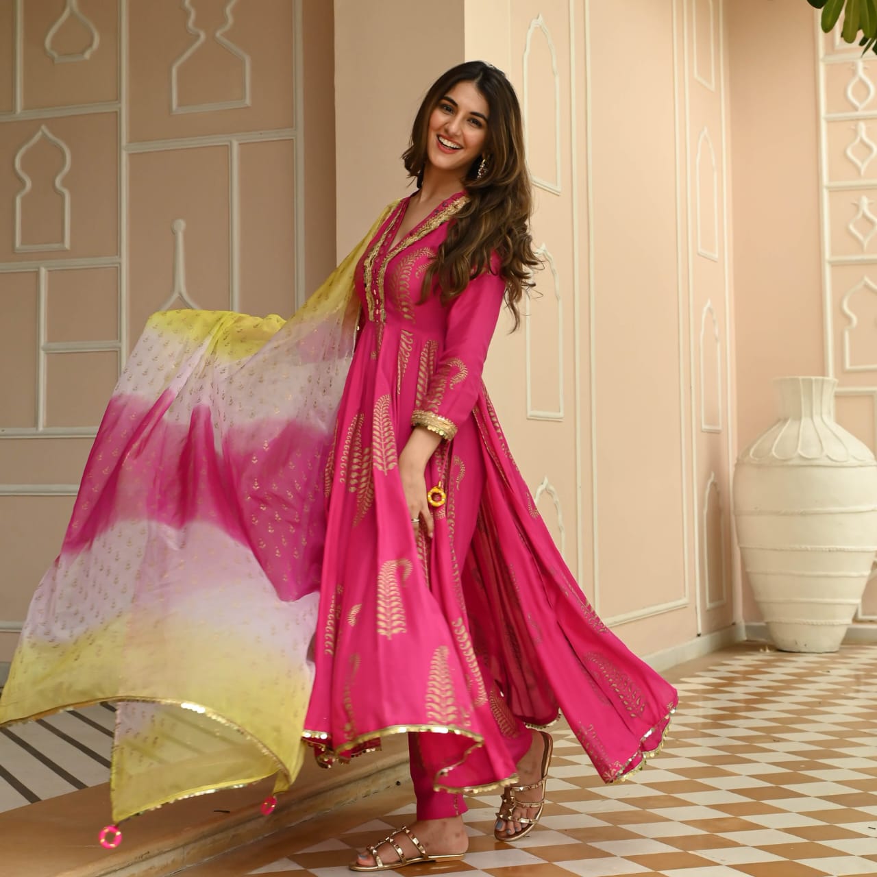 Pink Floral Printed Pure Cotton Kurta And Pant Dupatta Set