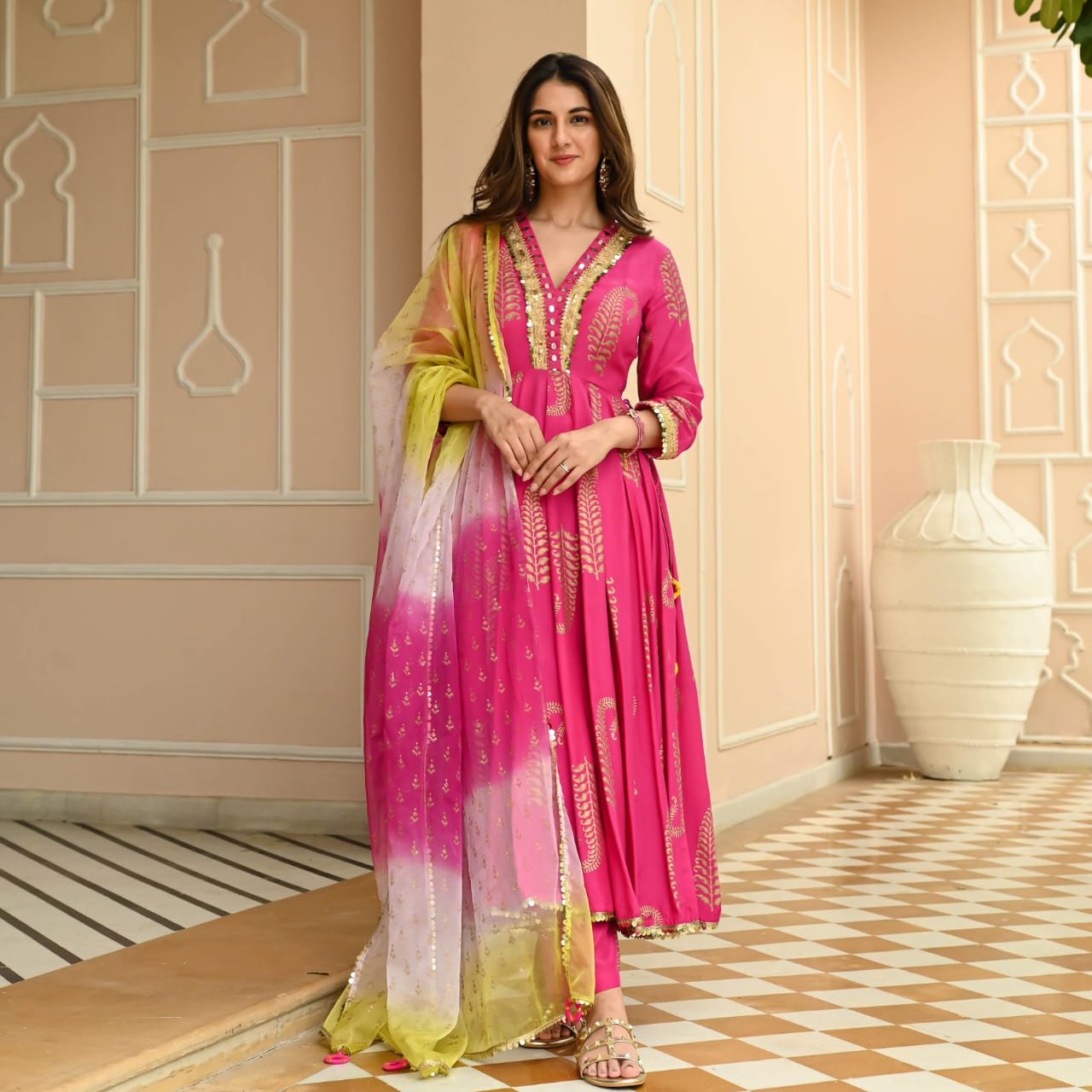 Pink Floral Printed Pure Cotton Kurta And Pant Dupatta Set