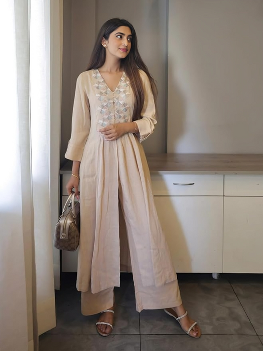 Cream Cotton A-Line Kurti With Palazzo Set For Women