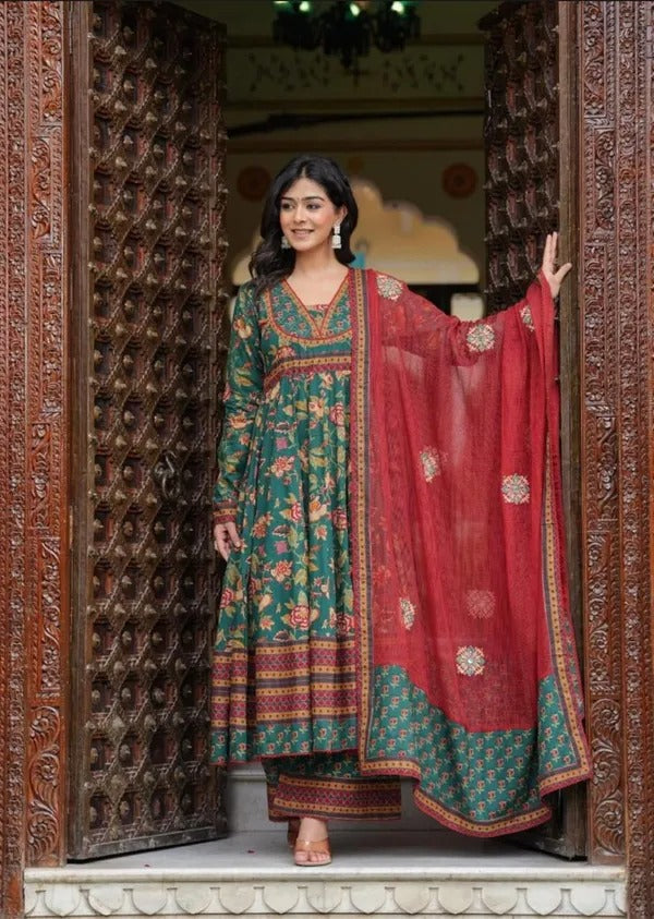 Anarkali with kalamkari print and-Pallazo-3 pc set