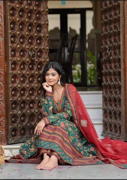 Anarkali with kalamkari print and-Pallazo-3 pc set